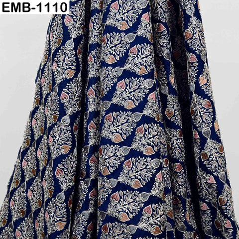Navy Blue Indian Embroidered Viscose Dupioni Fabric by the Yard (44" Width)