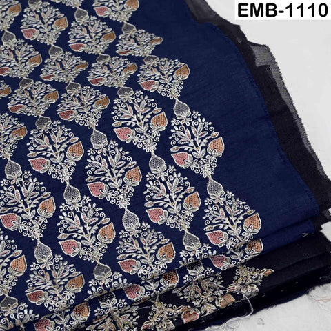 Navy Blue Indian Embroidered Viscose Dupioni Fabric by the Yard (44" Width)