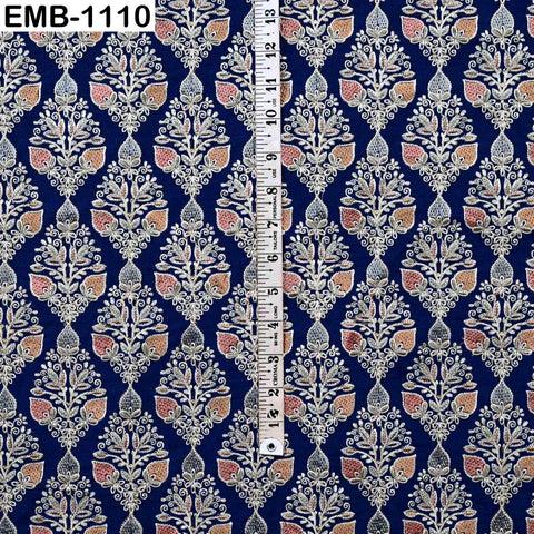 Navy Blue Indian Embroidered Viscose Dupioni Fabric by the Yard (44" Width)