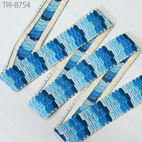 a close-up view of a blue and white patterned fabric, possibly a decorative trim or a piece of clothing.