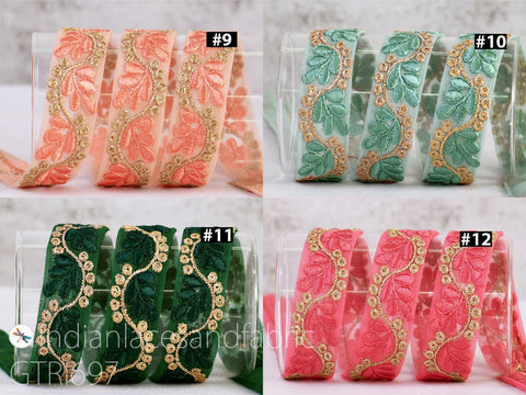 The image is a collage of four images showing different colored and patterned fabric ribbons with gold leaf designs.