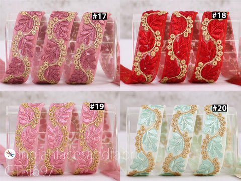 The image is a collage of four images showing different colored and patterned ribbons with gold and pink embroidery.