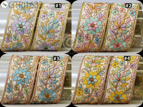The image is a collage of four images featuring decorative floral embroidery on fabric. Each image showcases a different floral pattern and color scheme, creating a visually appealing display of embroidered designs.