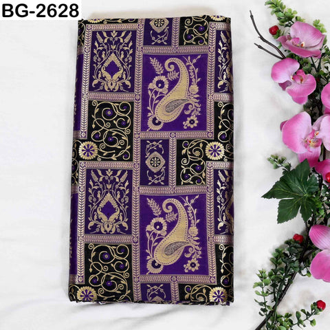 Navy Blue Banarasi Brocade Fabric | Blended Silk, Paisley Design (1 Yard)