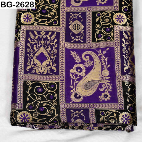 Navy Blue Banarasi Brocade Fabric | Blended Silk, Paisley Design (1 Yard)