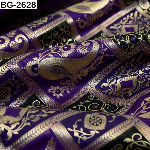 Navy Blue Banarasi Brocade Fabric | Blended Silk, Paisley Design (1 Yard)