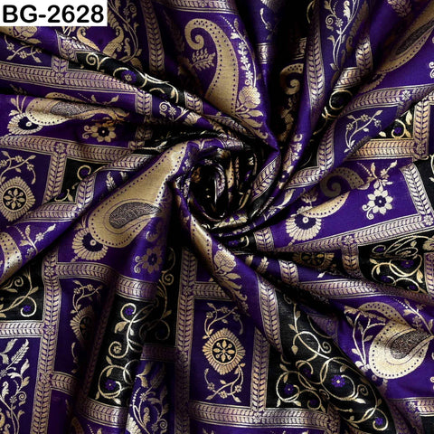 Navy Blue Banarasi Brocade Fabric | Blended Silk, Paisley Design (1 Yard)