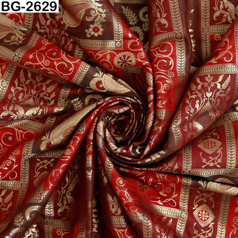 Red Maroon Gold Banarasi Brocade Fabric by the Yard (1 Yard)