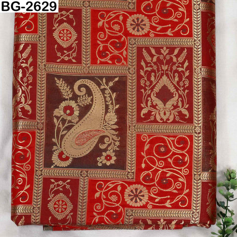 Red Maroon Gold Banarasi Brocade Fabric by the Yard (1 Yard)
