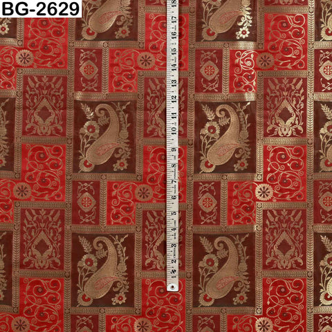 Red Maroon Gold Banarasi Brocade Fabric by the Yard (1 Yard)