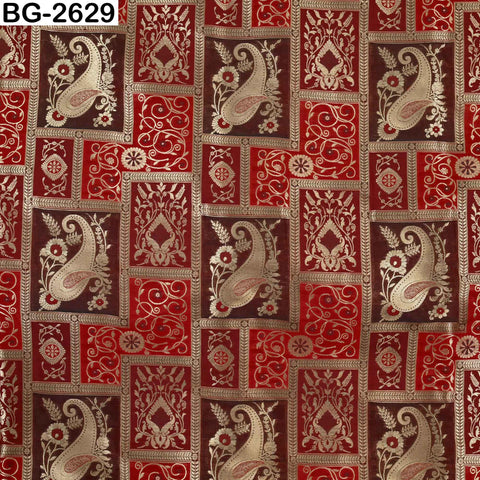 Red Maroon Gold Banarasi Brocade Fabric by the Yard (1 Yard)