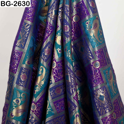 Turquoise Royal Blue Gold Brocade Fabric by Yard: Banarasi Blended Silk Paisley Weaving