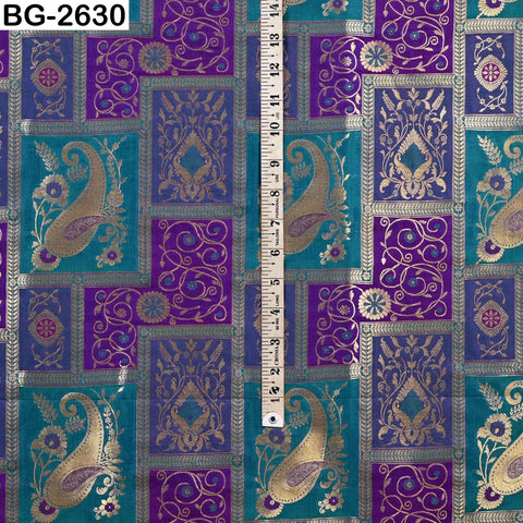 Turquoise Royal Blue Gold Brocade Fabric by Yard: Banarasi Blended Silk Paisley Weaving