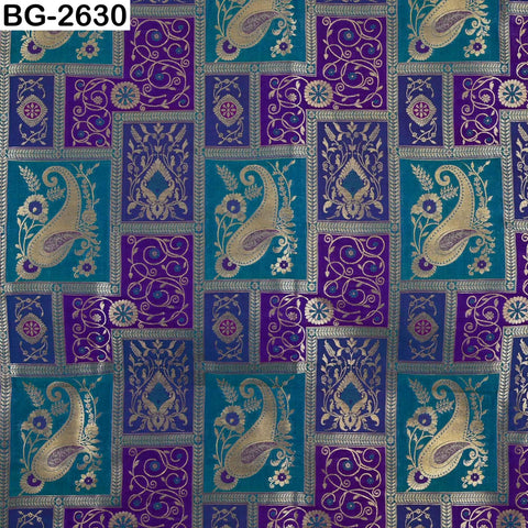 Turquoise Royal Blue Gold Brocade Fabric by Yard: Banarasi Blended Silk Paisley Weaving