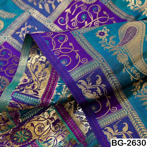 Turquoise Royal Blue Gold Brocade Fabric by Yard: Banarasi Blended Silk Paisley Weaving