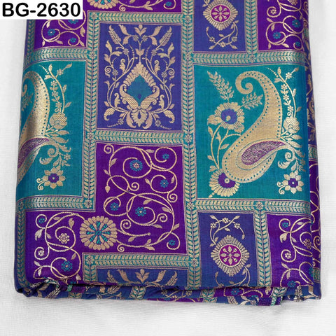 Turquoise Royal Blue Gold Brocade Fabric by Yard: Banarasi Blended Silk Paisley Weaving