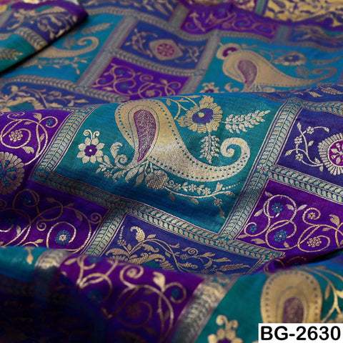 Turquoise Royal Blue Gold Brocade Fabric by Yard: Banarasi Blended Silk Paisley Weaving