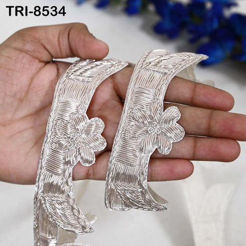 3-Yard - 4 cm Silver Zardozi Embroidered Trim – Handcrafted Indian Sari Border, Bridal Dress Lace, Costume Sewing Ribbon, DIY Craft Supplies
