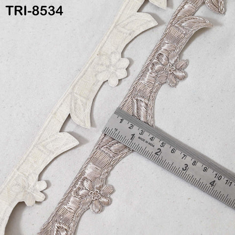 3-Yard - 4 cm Silver Zardozi Embroidered Trim – Handcrafted Indian Sari Border, Bridal Dress Lace, Costume Sewing Ribbon, DIY Craft Supplies