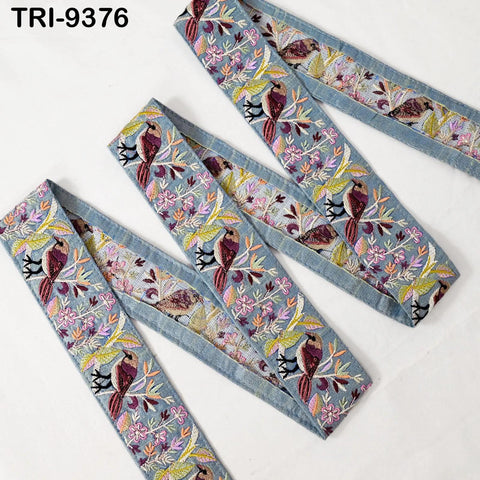 1 Meter Gray Indian Embroidery Ribbon 5cm Trim Sparrow Sari Border Crafting Lampshade Regency Reticules Victorian Handbags Junk Journals
