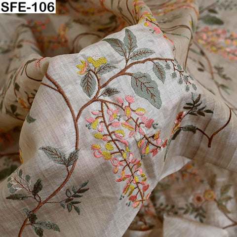 Yellow Embroidered Tussar Silk Fabric, Indian Beige Dress Material