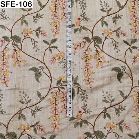 Yellow Embroidered Tussar Silk Fabric, Indian Beige Dress Material