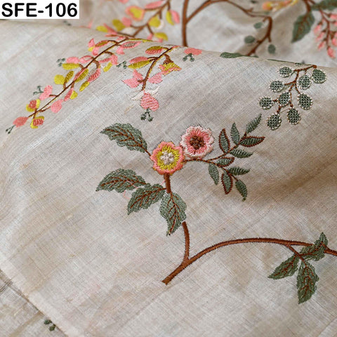 Yellow Embroidered Tussar Silk Fabric, Indian Beige Dress Material