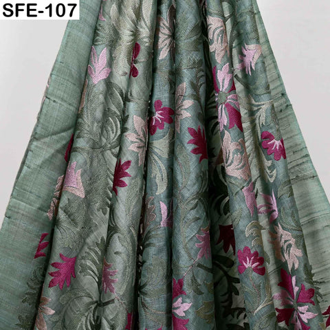 Pure Tussar Silk Embroidered Fabric by Yard Indian Dusty Mint Embroidery Silk Peace Silk Dress Material