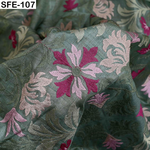 Pure Tussar Silk Embroidered Fabric by Yard Indian Dusty Mint Embroidery Silk Peace Silk Dress Material