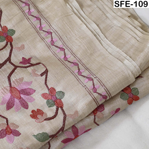 Pure Tussar Silk Embroidered Fabric by yard Indian Ivory Embroidery Raw Silk Wild Natural Handmade Peace Silk Tussah Dress Material
