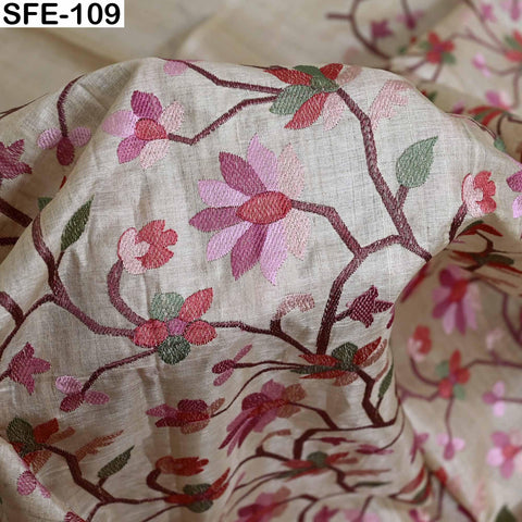 Pure Tussar Silk Embroidered Fabric by yard Indian Ivory Embroidery Raw Silk Wild Natural Handmade Peace Silk Tussah Dress Material