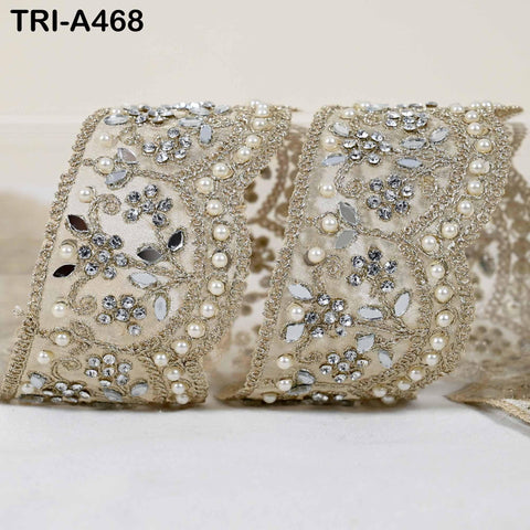 1 Meter Dull Gold Mirror Beaded Trim: Scallop Edge Sari Border (6cm)