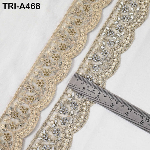1 Meter Dull Gold Mirror Beaded Trim: Scallop Edge Sari Border (6cm)