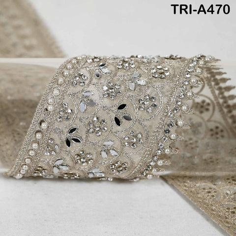 1 Meter Dull Gold Mirror Beaded Trim: Scallop Edge Sari Border (8.89cm)
