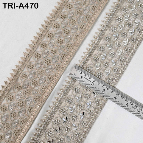 1 Meter Dull Gold Mirror Beaded Trim: Scallop Edge Sari Border (8.89cm)