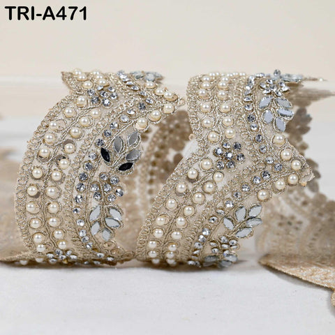 1 Meter Dull Gold Mirror Beaded Trim: Scallop Edge Sari Border (6cm)