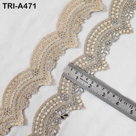 1 Meter Dull Gold Mirror Beaded Trim: Scallop Edge Sari Border (6cm)