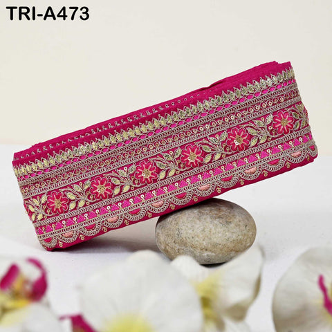 Magenta Pink Indian Sequins Trim Ribbon – Gold Zari Embroidery, 7.62cm Wide (1 Meter)