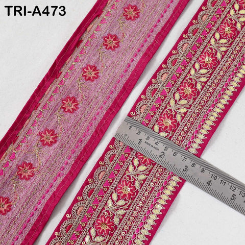 Magenta Pink Indian Sequins Trim Ribbon – Gold Zari Embroidery, 7.62cm Wide (1 Meter)