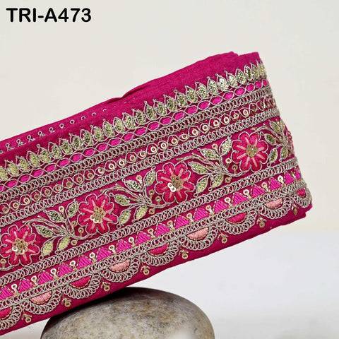 Magenta Pink Indian Sequins Trim Ribbon – Gold Zari Embroidery, 7.62cm Wide (1 Meter)