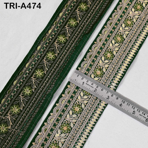 Bottle Green Indian Sequins Trim Ribbon – Gold Zari Embroidery, 7.62cm Wide (1 Meter)