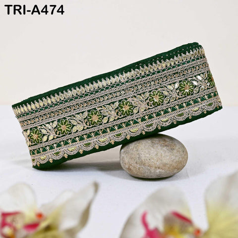 Bottle Green Indian Sequins Trim Ribbon – Gold Zari Embroidery, 7.62cm Wide (1 Meter)