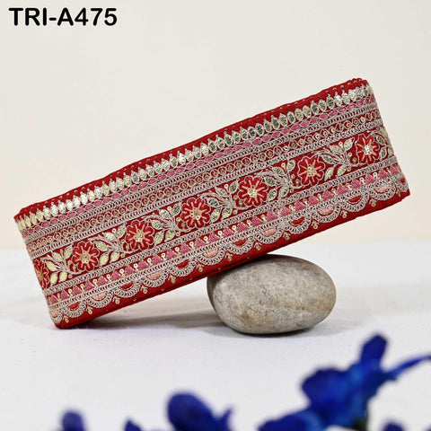 Red Indian Sequins Trim Ribbon – Gold Zari Embroidery, 7.62cm Wide (1 Meter)