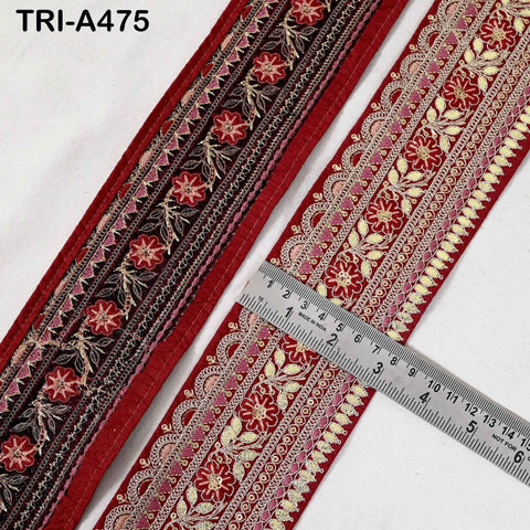 Red Indian Sequins Trim Ribbon – Gold Zari Embroidery, 7.62cm Wide (1 Meter)