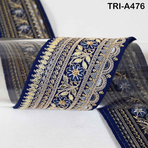 Navy Blue Indian Sequins Trim Ribbon – Gold Zari Embroidery, 7.62cm Wide (1 Meter)