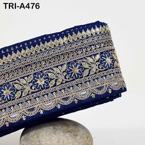 Navy Blue Indian Sequins Trim Ribbon – Gold Zari Embroidery, 7.62cm Wide (1 Meter)