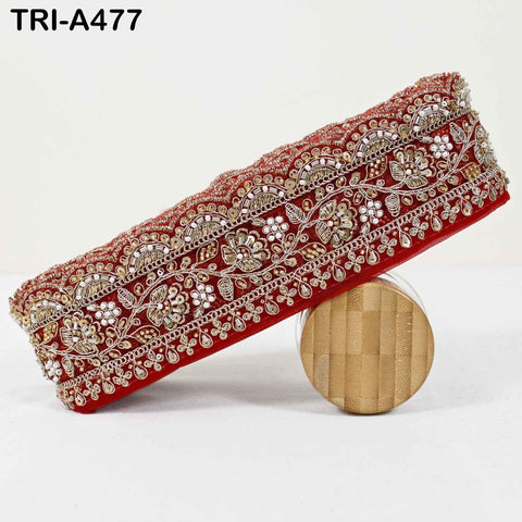 1 Meter Red Indian Beaded Trim Ribbon – Gold Zari Embroidery Sari Border (3 inches)