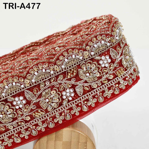 1 Meter Red Indian Beaded Trim Ribbon – Gold Zari Embroidery Sari Border (3 inches)
