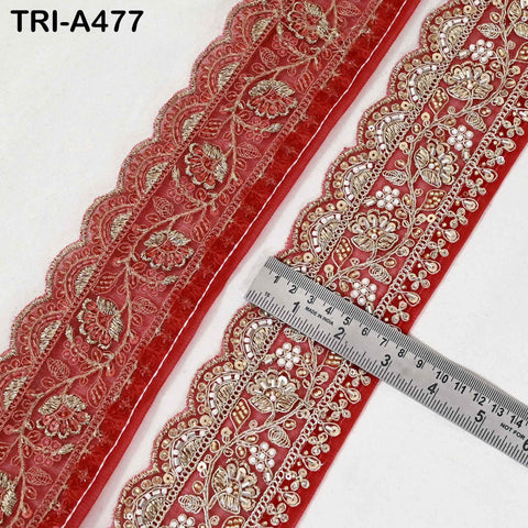 1 Meter Red Indian Beaded Trim Ribbon – Gold Zari Embroidery Sari Border (3 inches)