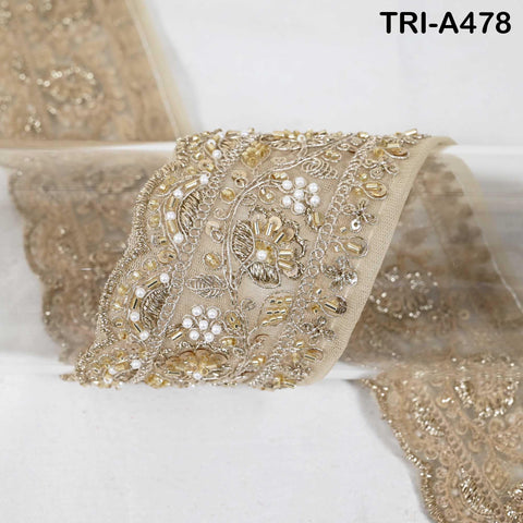 1 Meter Champagne Indian Beaded Trim Ribbon – Gold Zari Embroidery Sari Border (3 inches)